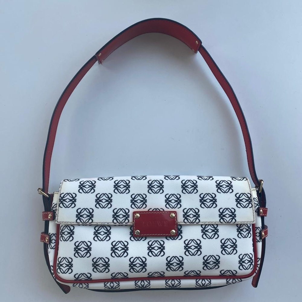 Loewe White & Black Anagram Shoulder Bag with Red Trim